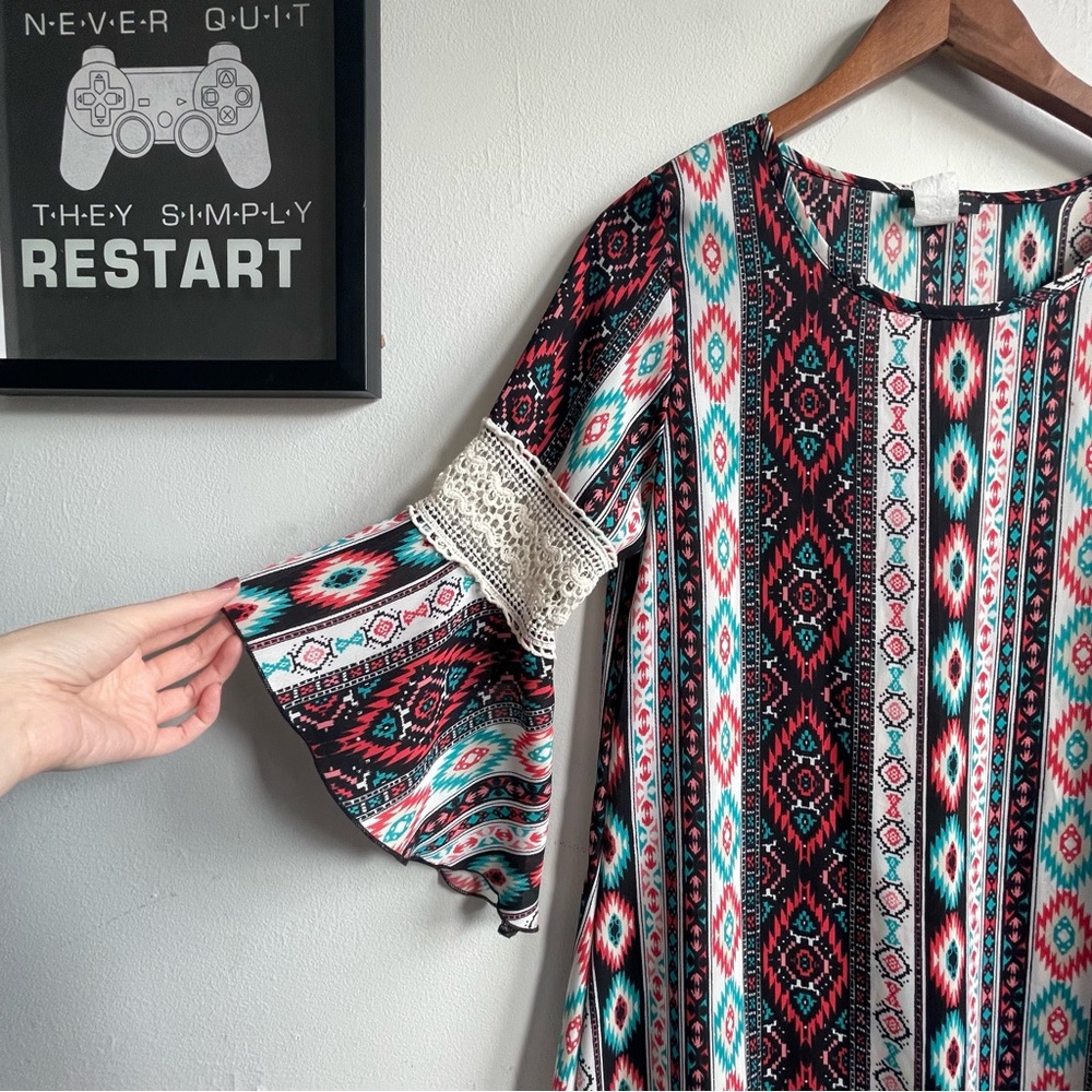 Patterned Slip Dress, Boho Dress, Lace Sleeves, Aztec Print Dress